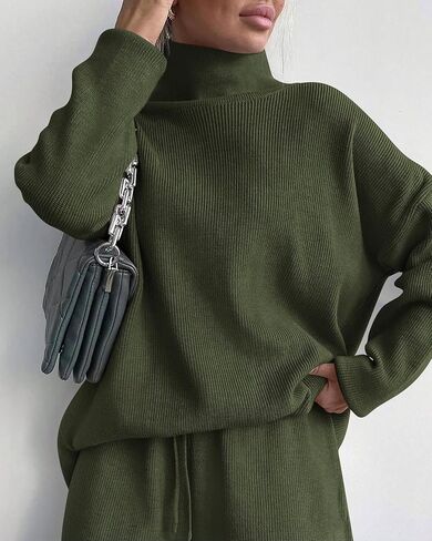 Dowerme المرأة 2 قطعة مجموعات سترة عالية الرقبة طويلة الأكمام سترة الرباط واسعة الساق بانت مكتنزة متماسكة صالة مجموعة in Kuwait