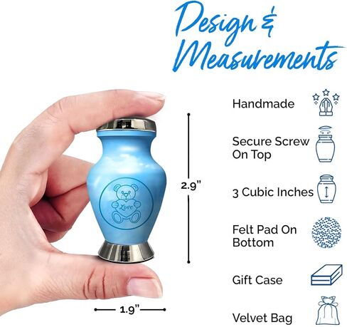 جرة للرماد - جرة للطفل الصبي والفتاة - جرة مصنوعة يدويًا للأطفال والرضع - تحية لأحبائك - جرة حرق جثث تذكارية للطفلة والولد (أزرق فاتح، صغير) in Kuwait