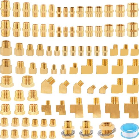 92PCS Brass Pipe Fittings Assortment Kit NPT Adapter,Hex Nipple,Reducer Bushing,Hex Coupling,90 Degree & 45 Degree Barstock Street Elbow,Street Tee,Bulk Head Fittings Kits in Kuwait