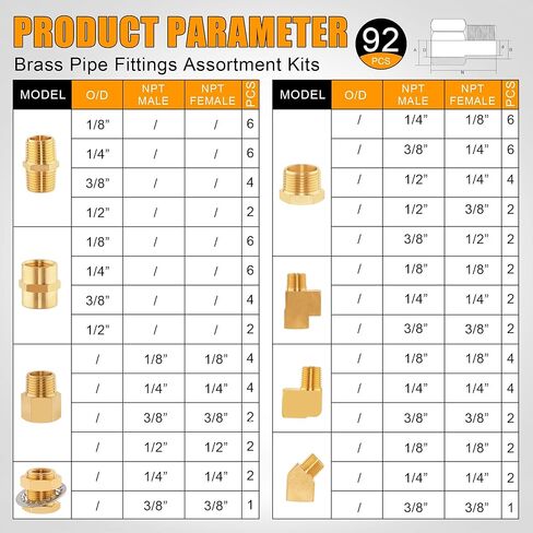 92PCS Brass Pipe Fittings Assortment Kit NPT Adapter,Hex Nipple,Reducer Bushing,Hex Coupling,90 Degree & 45 Degree Barstock Street Elbow,Street Tee,Bulk Head Fittings Kits in Kuwait
