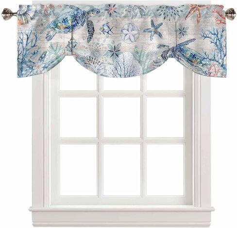 Coastal Sea Turtle Tie Up Valance Curtains for Windows, Nautical Summer Beach Kitchen Curtains Window Treatments, Sea Starfish Coral Vintage Short Shades Valances for Bedroom Bathroom 54"x18" in Saudi Arabia