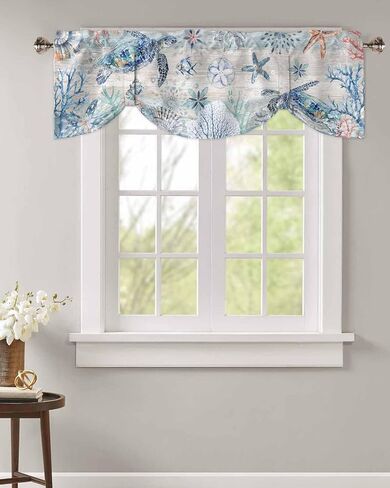 Coastal Sea Turtle Tie Up Valance Curtains for Windows, Nautical Summer Beach Kitchen Curtains Window Treatments, Sea Starfish Coral Vintage Short Shades Valances for Bedroom Bathroom 54"x18" in Saudi Arabia
