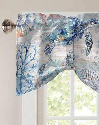 Coastal Sea Turtle Tie Up Valance Curtains for Windows, Nautical Summer Beach Kitchen Curtains Window Treatments, Sea Starfish Coral Vintage Short Shades Valances for Bedroom Bathroom 54"x18" in Saudi Arabia