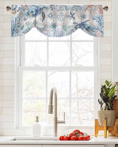 Coastal Sea Turtle Tie Up Valance Curtains for Windows, Nautical Summer Beach Kitchen Curtains Window Treatments, Sea Starfish Coral Vintage Short Shades Valances for Bedroom Bathroom 54"x18" in Saudi Arabia