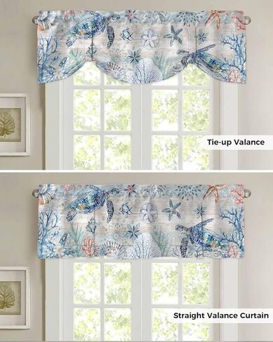 Coastal Sea Turtle Tie Up Valance Curtains for Windows, Nautical Summer Beach Kitchen Curtains Window Treatments, Sea Starfish Coral Vintage Short Shades Valances for Bedroom Bathroom 54"x18" in Saudi Arabia