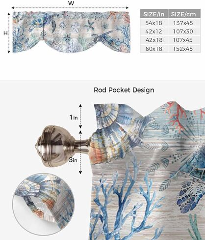 Coastal Sea Turtle Tie Up Valance Curtains for Windows, Nautical Summer Beach Kitchen Curtains Window Treatments, Sea Starfish Coral Vintage Short Shades Valances for Bedroom Bathroom 54"x18" in Saudi Arabia