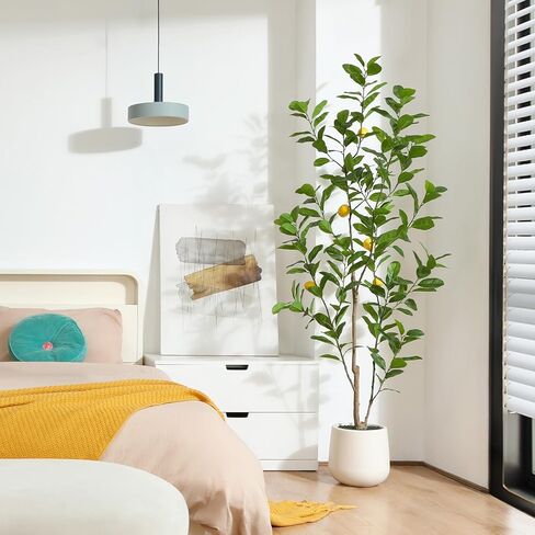 شجرة صناعية، نباتات ليمون وهمية بطول 7 أقدام لديكور المنزل الداخلي، شجرة ليمون صناعية مع زارع أبيض 10.5 بوصة، نباتات أرضية كبيرة لديكور غرفة المعيشة المكتبية، عبوة واحدة in Kuwait