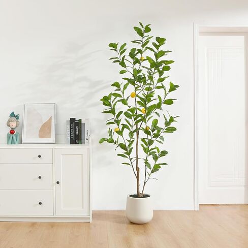 شجرة صناعية، نباتات ليمون وهمية بطول 7 أقدام لديكور المنزل الداخلي، شجرة ليمون صناعية مع زارع أبيض 10.5 بوصة، نباتات أرضية كبيرة لديكور غرفة المعيشة المكتبية، عبوة واحدة in Kuwait