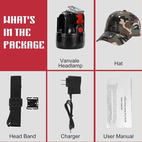 High Lumens LED Mining Headlamp with Hat - Waterproof, Durable, Long-Lasting Rechargeable Headlight, Adjustable Strap, Perfect for Miners Camping Hiking (KL3.0 Black-Red Button with Hat) in Saudi Arabia