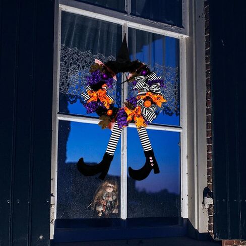 YUET إكليل الهالوين لافتة الباب الأمامي للساحرة، 16 بوصة/40 سم إكليل باب الساحرة زينة الهالوين مع قبعة الساحرة أرجل معلقة لتزيين الحفلات في الأماكن المغلقة والخارجية in Kuwait