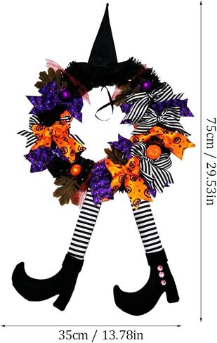 YUET إكليل الهالوين لافتة الباب الأمامي للساحرة، 16 بوصة/40 سم إكليل باب الساحرة زينة الهالوين مع قبعة الساحرة أرجل معلقة لتزيين الحفلات في الأماكن المغلقة والخارجية in Kuwait