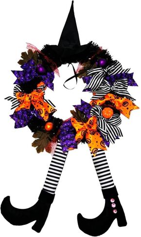 YUET إكليل الهالوين لافتة الباب الأمامي للساحرة، 16 بوصة/40 سم إكليل باب الساحرة زينة الهالوين مع قبعة الساحرة أرجل معلقة لتزيين الحفلات في الأماكن المغلقة والخارجية in Kuwait