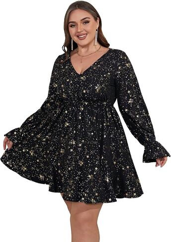 Floerns Women's Plus Size Galaxy Print V Neck Flounce Long Sleeve Swing Dress in Saudi Arabia