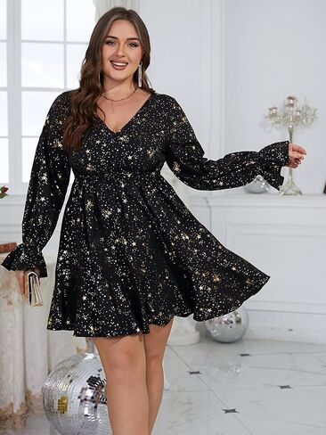 Floerns Women's Plus Size Galaxy Print V Neck Flounce Long Sleeve Swing Dress in Saudi Arabia
