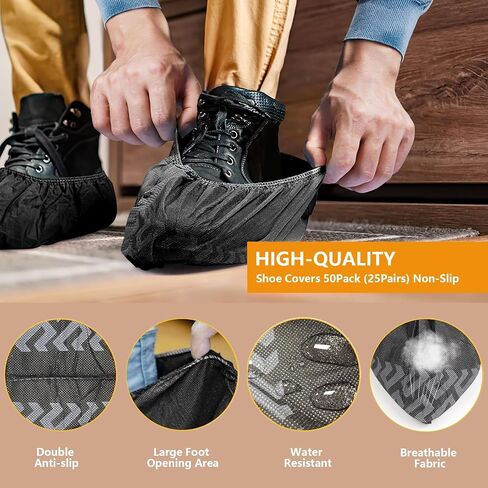 Disposable Shoe Covers 50 Pack (25 Pairs) - Durable, Non-Slip, Water Resistant, and Recyclable Boot Covers for Indoor and Outdoor Use - One Size Fits Most (Non-woven-Black) in Saudi Arabia