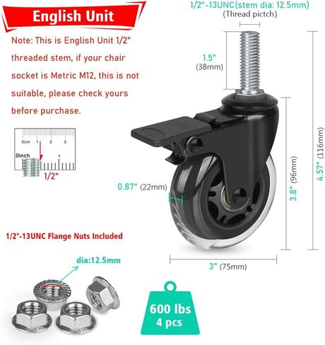 Hirate 3 inch Caster Heavy Duty 1/2"-13 x 1.5" Threaded Stem Castors Set of 4(Screw Length 38mm), Swivel Locking Castors for Furniture Trolley Dolly with Nylon Lock Nuts in Saudi Arabia