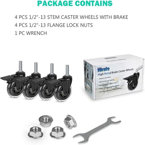Hirate 3 inch Caster Heavy Duty 1/2"-13 x 1.5" Threaded Stem Castors Set of 4(Screw Length 38mm), Swivel Locking Castors for Furniture Trolley Dolly with Nylon Lock Nuts in Saudi Arabia