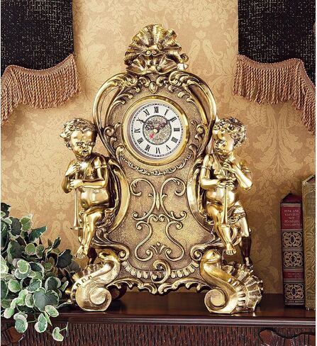 ساعة Design Toscano KY5025 Remy Cherubs Angel Mantel Clock، عرض 13 بوصة، طول 19 بوصة، بوليريسين مصبوب يدويًا، لمسة نهائية ذهبية عتيقة in Saudi Arabia