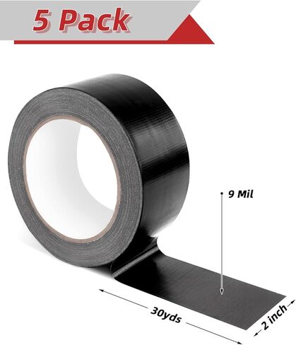 شريط لاصق عالي التحمل، 5 عبوات، 150 ياردة، شريط لاصق أسود، 9 مل، مرن بدون بقايا، قيمة مجمعة غير عاكسة للإصلاحات الداخلية والخارجية، الاستخدام الصناعي الاحترافي (2 بوصة × 30 ياردة لكل لفة) in Kuwait