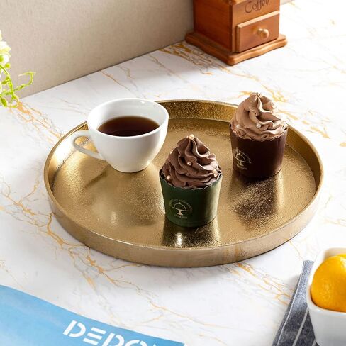 صينية تقديم دائرية فاخرة من الألومنيوم المصبوب باللون الذهبي مقاس 11 بوصة من MyGift، أو شاشة تخزين زينة، أو قاعدة مركزية مزخرفة على سطح الطاولة - مصنوعة يدويًا في الهند in Saudi Arabia