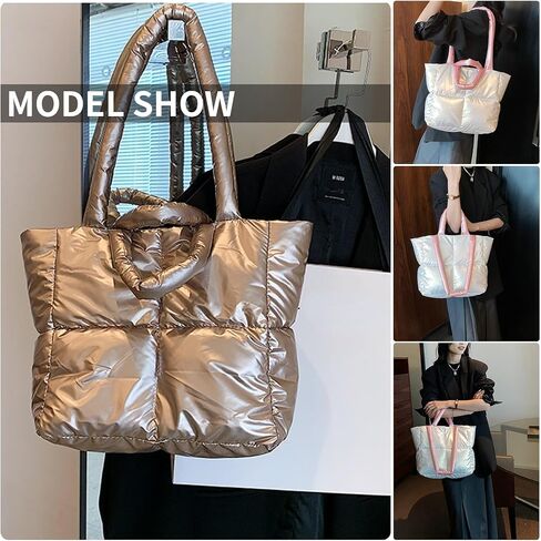 iwhgrmp Padded Puffy Tote Lattice Handbag for Women Quilted Puffer Tote Bag Winter Down Cotton Soft Large Shoulder Bag in Saudi Arabia