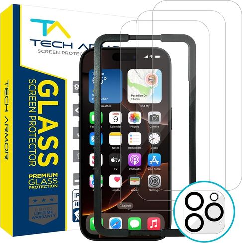 واقي شاشة Tech Armor لهاتف iPhone 15 6.1 بوصة - زجاج مقوى باليستي، صديق للحافظة، حماية المستشعر، HD، صلابة 9H، 3 عبوات + واقيات عدسة الكاميرا الإضافية in Saudi Arabia