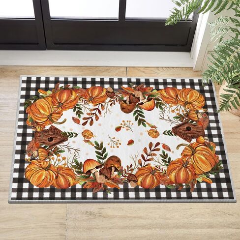 Artoid Mode Buffalo Plaid Pumpkins Mushrooms Fall Area Rug, Autumn Thanksgiving Bath Rug Home Decor Low-Profile Non-Slip Washable Mat for Entryway Bedroom Bathroom Laundry Room Indoor 2x3 Feet in Saudi Arabia