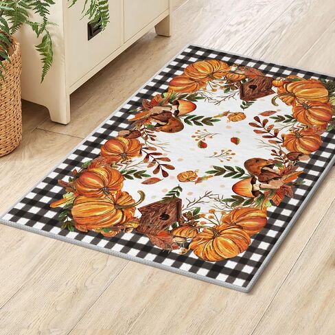 Artoid Mode Buffalo Plaid Pumpkins Mushrooms Fall Area Rug, Autumn Thanksgiving Bath Rug Home Decor Low-Profile Non-Slip Washable Mat for Entryway Bedroom Bathroom Laundry Room Indoor 2x3 Feet in Saudi Arabia