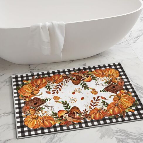 Artoid Mode Buffalo Plaid Pumpkins Mushrooms Fall Area Rug, Autumn Thanksgiving Bath Rug Home Decor Low-Profile Non-Slip Washable Mat for Entryway Bedroom Bathroom Laundry Room Indoor 2x3 Feet in Saudi Arabia
