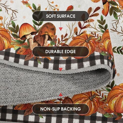 Artoid Mode Buffalo Plaid Pumpkins Mushrooms Fall Area Rug, Autumn Thanksgiving Bath Rug Home Decor Low-Profile Non-Slip Washable Mat for Entryway Bedroom Bathroom Laundry Room Indoor 2x3 Feet in Saudi Arabia