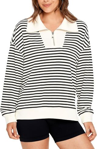 Glamaker Womens Striped Quarter Zip Sweatshirt Casual Long Sleeve Lapel Pullover Tops Fall Outfit Trendy Fashion Clothes in Kuwait
