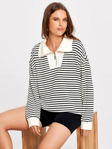 Glamaker Womens Striped Quarter Zip Sweatshirt Casual Long Sleeve Lapel Pullover Tops Fall Outfit Trendy Fashion Clothes in Kuwait