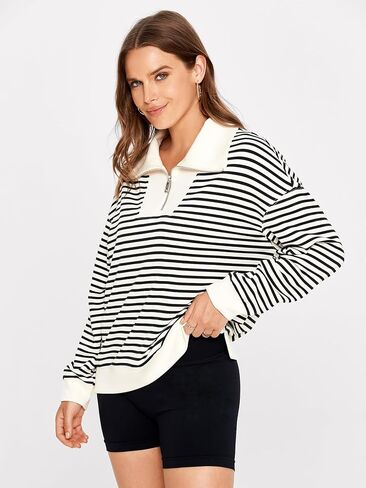 Glamaker Womens Striped Quarter Zip Sweatshirt Casual Long Sleeve Lapel Pullover Tops Fall Outfit Trendy Fashion Clothes in Kuwait