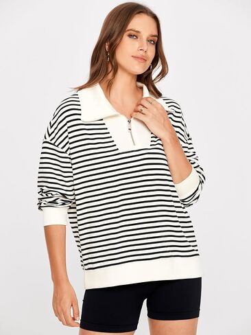 Glamaker Womens Striped Quarter Zip Sweatshirt Casual Long Sleeve Lapel Pullover Tops Fall Outfit Trendy Fashion Clothes in Kuwait
