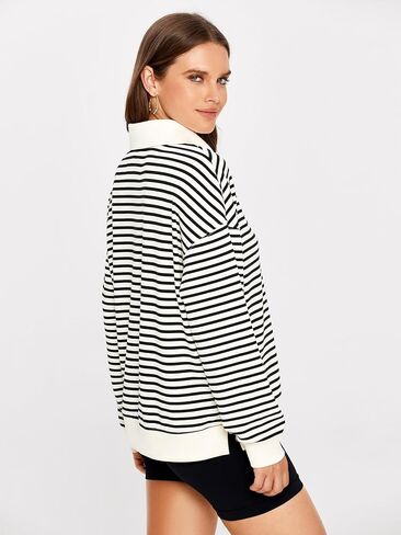 Glamaker Womens Striped Quarter Zip Sweatshirt Casual Long Sleeve Lapel Pullover Tops Fall Outfit Trendy Fashion Clothes in Kuwait