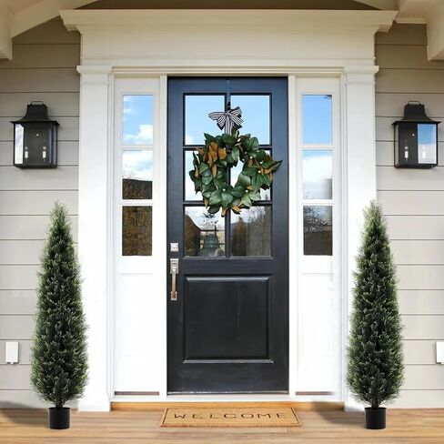 DEIKAL 6FT Faux Cedar Tree for Outdoors Artificial Topiary Trees for Outdoor Decoration - Porch Plants & Front Porch Decor Tall Outdoor Tree with Perfect for Christmas & All-Year Decor - Set of 2 in Saudi Arabia