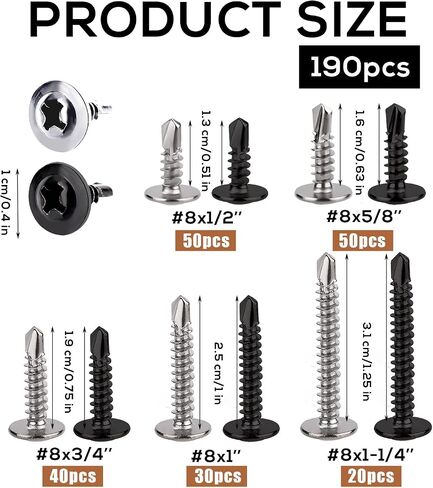 190pcs Metal Screws Self Tapping, Stainless Steel Screws Self Drilling Screws Self Tapping Screws Assortment for Wood Metal Plastic Panels 5 Sizes #8×1/2" to #8×1-1/4" (Black, Silver) in Saudi Arabia