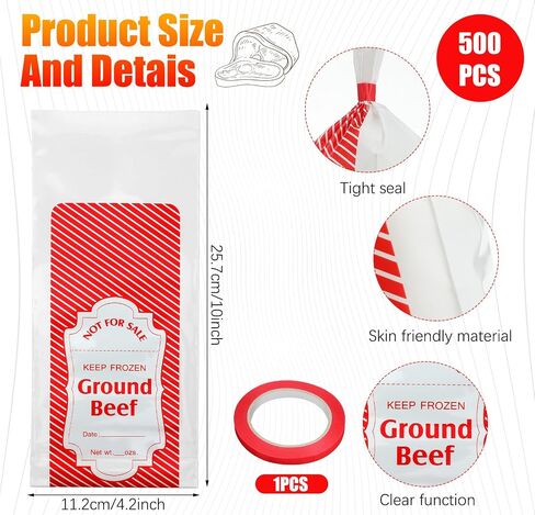 Cholemy 1 lb Red Plaid Ground Beef Freezer Bags Polyethylene Sausage Meat Bags for Freezer Storage Dry Age Bags for Meat with Bag Sealing Tapes Your Ground Meat Packaging System(1000 Pcs) in Saudi Arabia