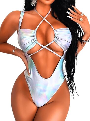Cutout One Piece Swimsuit,Plunge High Cut Thong Sexy Monokini Bodysuit,Rave Outfit for Women Festival Pool Party in Saudi Arabia