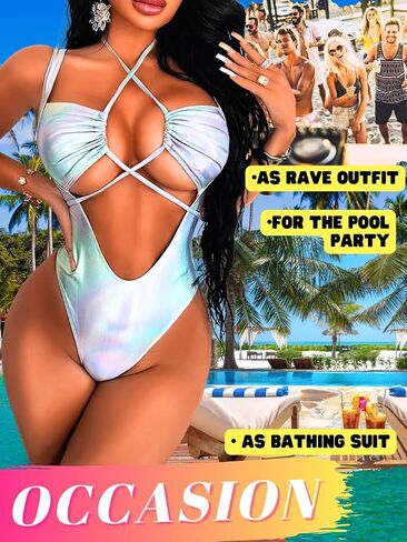Cutout One Piece Swimsuit,Plunge High Cut Thong Sexy Monokini Bodysuit,Rave Outfit for Women Festival Pool Party in Saudi Arabia