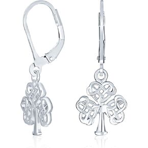 Irish Intertwined Triquetra Celtic Knot Good Luck Shamrock Heart & Clover Huggie Dangle Earrings or Large Clover Pendant Necklace For Women Teens Lever Back .925 Sterling Silver