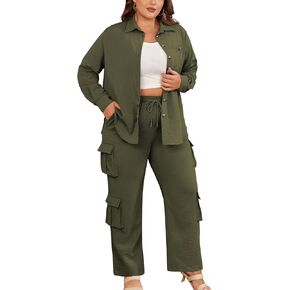 AOVDE Women's Plus size 2 Piece Outfits Long Sleeve Button Down Shirt Wide Leg Pants Casual Streetwear Pant Sets for Women