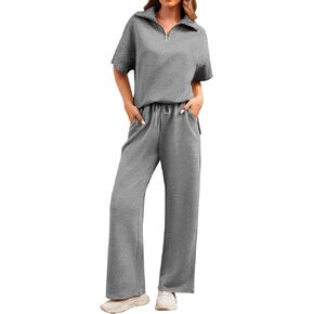 Womens 2 Piece Outfits Textured Lounge Sets Short Sleeve Half Zip Lapel Collar Top and Wide Leg Long Pants Sweatsuits