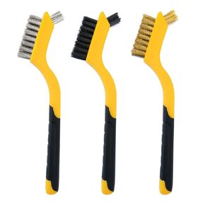 3pcs Wire Brushes Sturdy Little Cleaning Tool Scratch Brush, Nylon/Brass/Stainless Steel Bristles Brush with Curved Handle Grip Cleaning for Grout, Dirt, Rust, Paint Scrubbing Grease