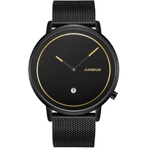 JIANDUN Mens Ultra-Thin Fashion Minimalist Waterproof Wrist Watch Black Watches for Men Analog Quartz Unisex Dress Stainless Steel Mesh Band (Gold-mesh Belt)