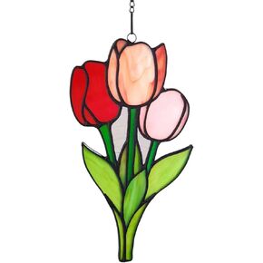 Stained Glass Tulip Window Hanging Panel, Red, Pink, and Green