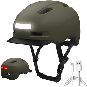 Bike Helmet, Shinmax Adult Cycling Helmet with USB Rechargeable LED Front and Back Light Bicycle Helmets for Men Women Removable Visor Ebike Helmet for Mountain, Road, Biking (Green, Large)