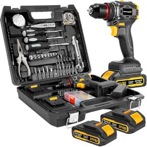Brushless Compact Drill Tool Set, 60N.m 20V Cordless Drill Tool Box with 2 Battery, 135Pcs Man Household Tool Set with DIY Hand Tool Kits, 531 In-lb Tool Set with Drill for Daily Home Repair