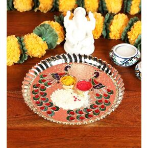 Itiha Rakhi Thali for Rakshabandhan, Puja Thali, Pooja Thali, Aarti Thali Peacock Design with haldi kumkum Holders Golden 7.5 inches - Acrylic
