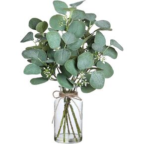 VIERENA Artificial Eucalyptus Stems in Glass Vase with Faux Water,15" Fake Plant Eucalyptus Leaves White Seeds for Centerpiece Table Decorations Farmhouse Wedding Home Greenery Decor (White-Green)